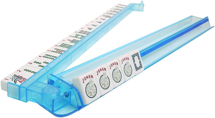 American Mah Jongg Set - 166 Premium White Tiles, 4 All-in-One Rack/Pushers, Blue Canvas Bag