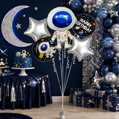 Image of Wanna Party Space Theme Foil Balloon Set (Pack of 5) | Astronaut, Rocket & Star Balloons for Kids Birthday | Outer Space Party Decorations | Happy Birthday Balloon Combo