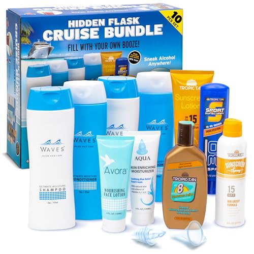 GoPong Cruise Bundle Hidden Alcohol Travel Flasks (104 oz Total) - Set of 10 Secret Liquor Containers for Beaches, Cruises, and Sports Events – Includes Funnel & Spout