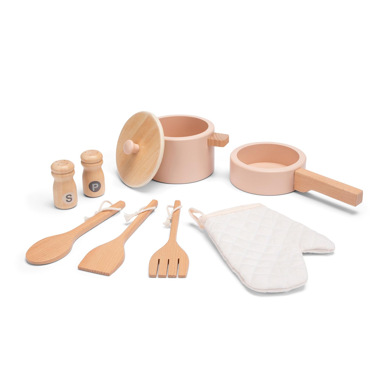 Woet® Cuisine Jouet Rose en Bois pour Enfants - Détails en Rotin et Accessoires - Set d’Imitation - À Partir de 3 Ans