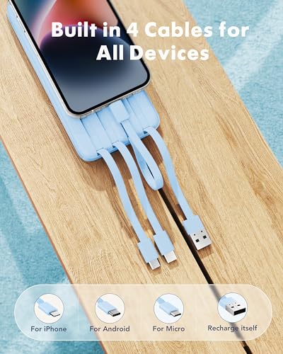 Image of charmast Portable Charger with Reinforced Built-in 4 Cables,10000mAh Power Bank Travel Essentials 6 Outputs 3 Inputs 3A Fast Charging Compatible with iPhone iPad Samsung Google Pixel LG Moto