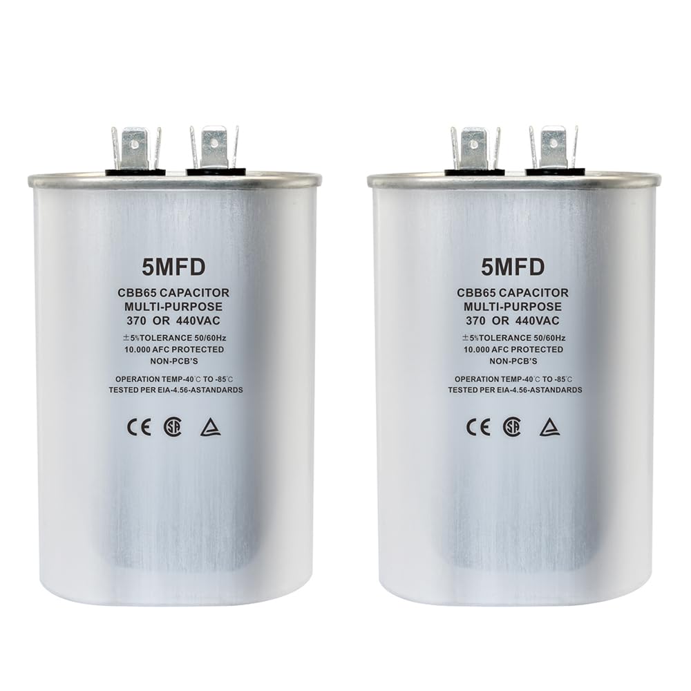 CBB65 Circular Run Capacitor, 450VAC 5 uf/MFD 50/60Hz Oval Start Capacitor - Very Suitable for Air Conditioning, Fan Capacitor, Etc. (5 uf, 2)