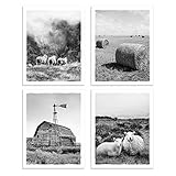 Barn Pictures Farmhouse Wall Art - Rustic Windmill Countryside Landscape Artwork Black and White Farm Animal Sheep Prints Straw Bale Photograph for Home Wall Decor Set of 4, 8x10 Inches UNFRAMED