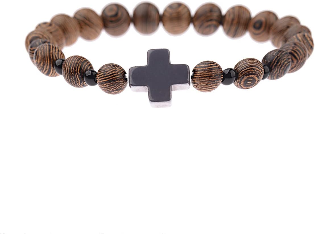 COLORFUL BLING Wood Beaded Cross Stretch Rosary Bracelet for Men First Communion Religious Cross Statement Wrist Bangle Faith Prayer Jewelry