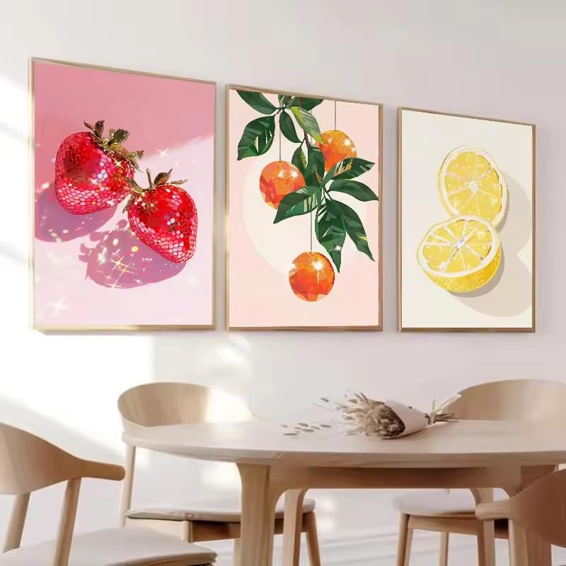 KEMEIQI Pink Disco Lemon Grape Cherry Strawberry Pepper Poster Canvas Painting Print Wall Art Picture Kitchen Decor(50x70cmx3/Frameless)
