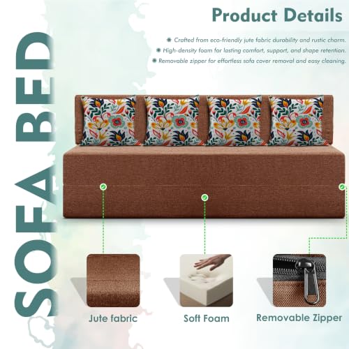 Image of Los Angeles Foldable Four Seater Sofa Cum Bed, Sofa Bed 6 X 6 Feet Jute Fabric Washable Cover- Including Cushion Perfect for Living Room - Brown