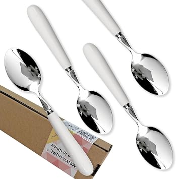 16.5cm 6.5inch Quality 18-10 Stainless Steel Fine Dessert Spoon With Round Edge, White Ceramics Handle Sus304 Mirror-Finished Silverware For Daily Meals, Hosting 4Pcs Spoon 6.5IN
