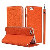 iCoverCase Genuine Leather Wallet Case for iPhone 6s/6 with Wrist Strap, Card Holder, Magnetic Closure, Kickstand (Orange)