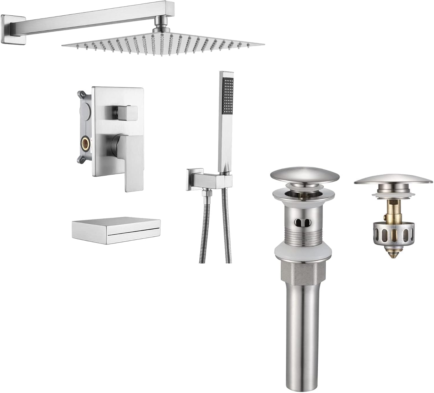 KES Bathtub Shower Faucet Set with Waterfall Tub Spout Bathroom Sink Drain with Strainer Basket Hair Catcher, XBN6305-BN+S2013A-BN-NEW