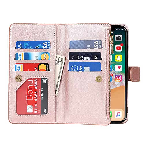 Jaorty Wallet Case Compatible with iPhone Xs/iPhone X Case,[9 Card Slots] [Wrist Strap] [Stand Feature] Zipper Cash Pocket Magnetic Leather Cover Shockproof Slim Case for iPhone Xs,5.8 inch Rosegold - Thumbnail 5