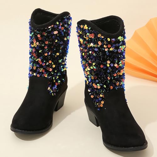 Kids Girls Glitter Mid Calf Boots Casual Boots Western Cowgirl Cowboy Pointed Toe Low Heel Boots Slip on Riding Boot3