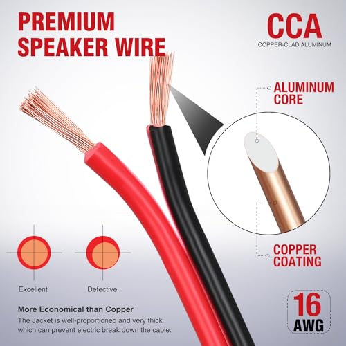 Nilight 100FT 16AWG Copper Clad Aluminum Wire 16/2 Gauge Red Black CCA Electrical Cable 2 Conductor Parallel 12V/24V DC Flexible Extension Cords for Car Audio Radio Speaker Amplifier