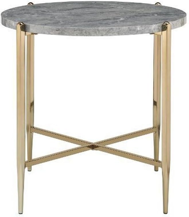 HomeStock End Table with Marble Top & X-Shape Base - Living Room Side Table - Gray & Gold