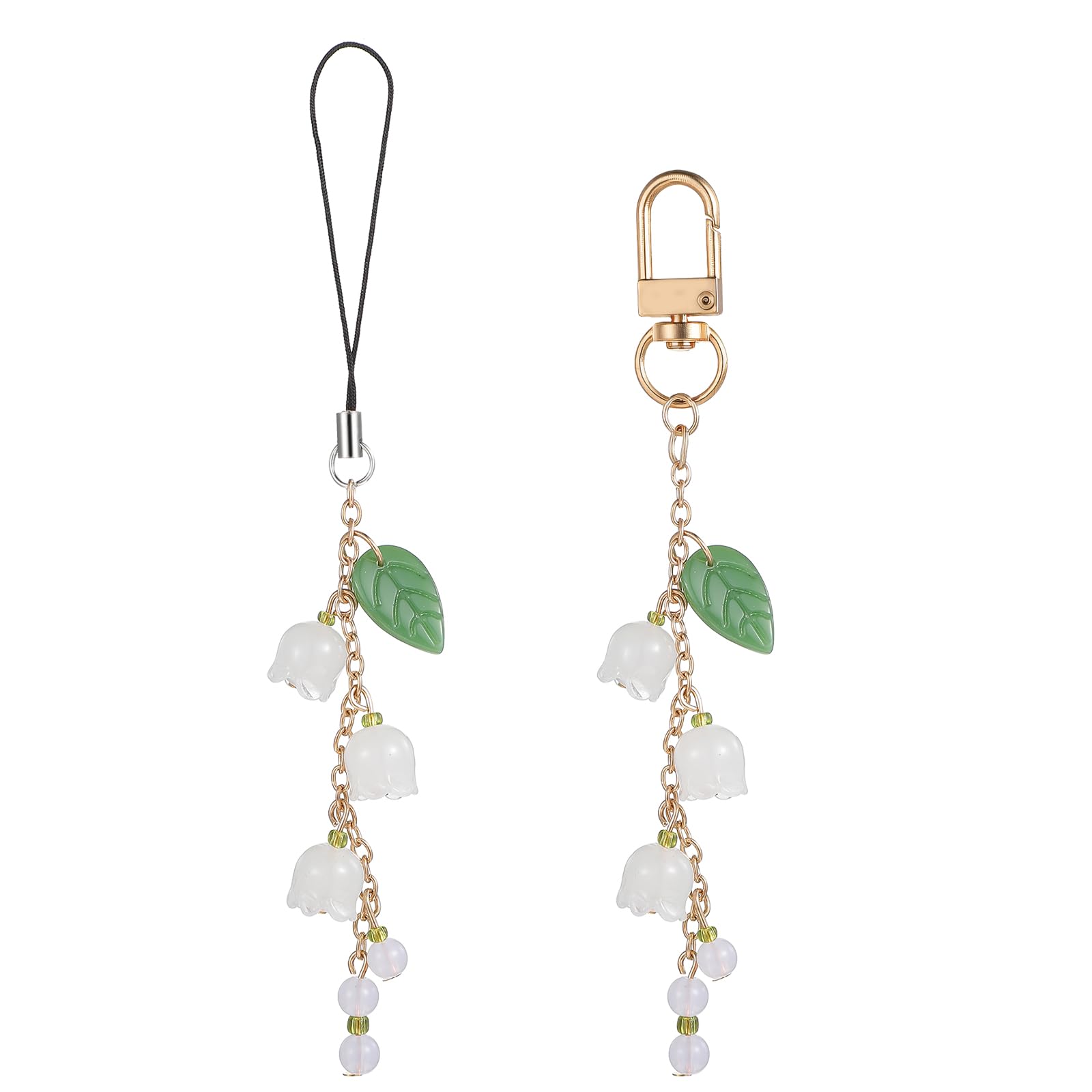 2 Pcs Cute Phone Charms Lily of The Valley Phonecharm Glass Flower Jade Leaf Beaded Flower Phone Strap Aesthetic Cellphone Wrist Strap Mobilephone Lanyard for Women Bag Keychain Camera Wallet-image-6