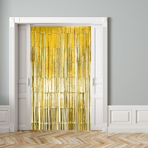 Image of 10 Pack Gold Fringe Curtain Party Backdrop, Gold Tinsel Backdrop, Decoration Supplies for Birthday, Holidays, Parties & More
