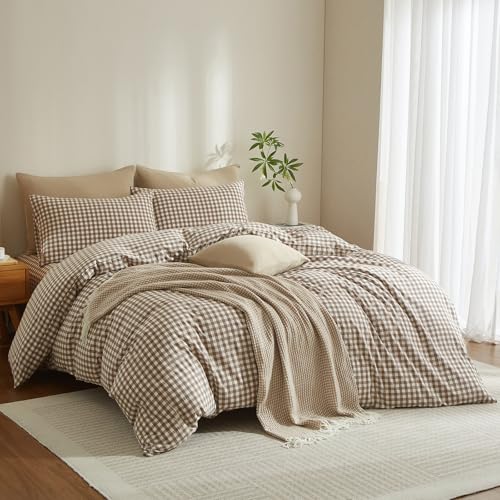MWL Toy Cotton Tan White Gingham Queen Duvet Cover Set 3pcs 90"x90" by MWL Toy - Used condition - Image 3