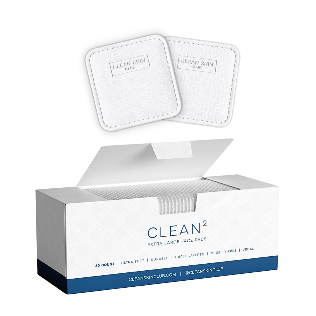 Clean Skin Club Clean² Extra Large Face Pads Used with Makeup Remover, Guaranteed Not to Shed & Tear, Unique Triple Layers, Textured Side & Ultra Soft Side, Vegan Organic Disposable Cotton(2 Pack)