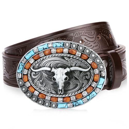 Image of Mens Western Cowboy Cowgirl Faux Leather Belt Longhorn Bull Pattern Letter Big Buckle Embossed Floral Belts