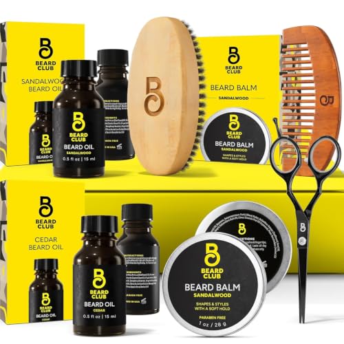 Image of The Beard Club Beard Kit for Men - Grooming & Care Kit - Cedar & Sandalwood Oil, Sandalwood Balm, Boar Bristle Brush, Comb, Trimming Scissors - Dad Gift Set