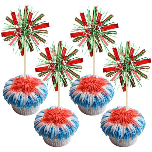 Gyufise 20Pcs Foil Firework Cupcake Toppers Happy Birthday Cake Toppers Tinsel Flower Drink Stirrers Cocktail Food Fruit Toothpicks for Valentine's Day Party Birthday Wedding Supplies Green Red