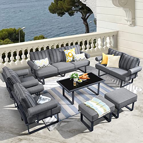 Hooowooo Aluminum Patio Furniture Set Outdoor Patio Conversation Set,7 Pieces Weather Resistant Outdoor Furniture Sofa Set With Armrest Cushion,Gray Frame Gray Stripe Cushions #TOP24