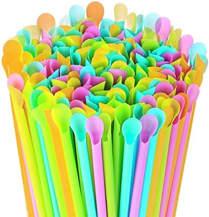 Disposable Snow Cone Spoon Straws Plastic Spoon Drinking Straws, Assorted Colors,100 Pack