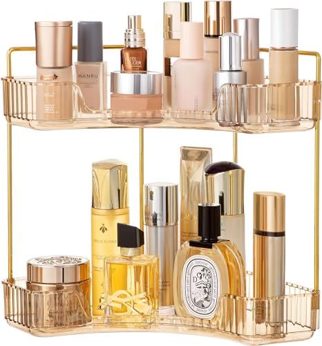 HBlife 2 Tier Corner Bathroom Organizer, Makeup Organizer Skincare Storage Perfume Tray for Bathroom, Dresser, Vanity, Gold