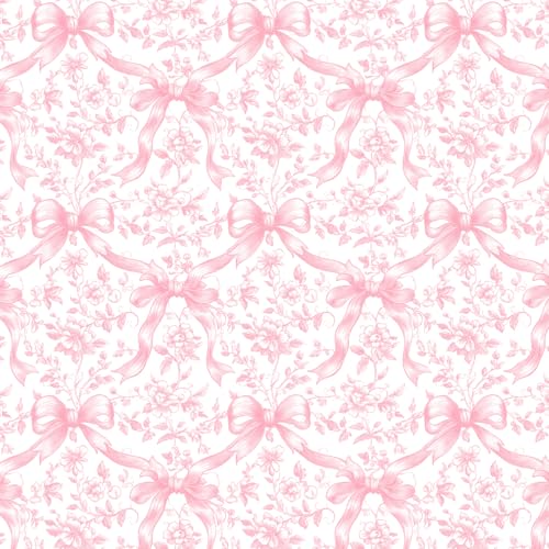 FYSUIMU Pink Bow Floral Peel and Stick Wallpaper Roll Coquette Bowknot Flower Contact Paper Self-Adhesive Wall Decoration for Home Bedroom Bathroom, 17 in x 10 Ft