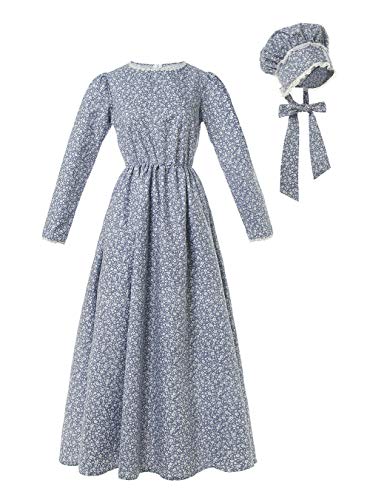 Rolecos Pionier-Kostüm für Damen, Blumenmuster, Präriekleid, Deluxe-Kleid, Kolonialkleid, Laura Ingalls Kostüm, Blue-G, XXL