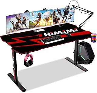 Himimi 60'' Gaming Desk, 152 x 71 x 76cm Ergonomic PC Computer Gaming Desk, T-Shaped Home Office Game Table Gamer Workstation with Carbon Fiber Surface, Large Mouse Pad, Cup Holder & Headphone Hook