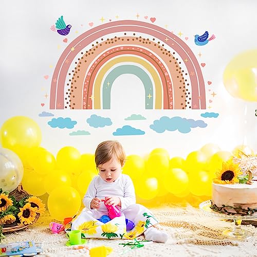 SUPERDANT Cartoon Boho Rainbow Wall Sticker Birds Wall Decal Colorful Rainbow Heart Vinyl Wallpaper Rainbow Decals for Girls Baby Nursery Bedroom Playroom Home Decoration - Image 3