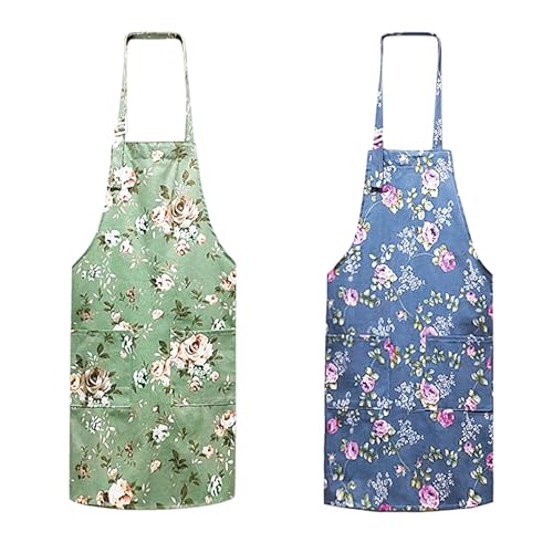 MEMOFYND 2 Delantales de Cocina Vintage Florales para Mujer con 2 Bolsillos (Azul, Verde) - para Hornear