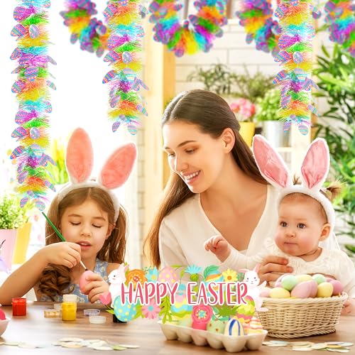 50FT Easter Tinsel Garland with Confetti Hanging Streamers Spring Green Purple Yellow Stripe Tinsel Twist with Colorful Egg Ornaments for Easter Holiday Home Indoor Outdoor Party Decoration by OCTERIC - Image 6