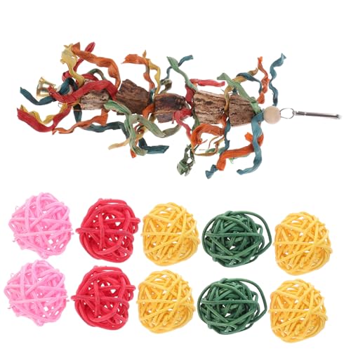 HOLIDYOYO 1Set Macaw Chewing Pendant Wooden Hanging Block with Rattan Balls for Bird Cage Bird Chewing for Parakeets Cockatiels and Lovebirds