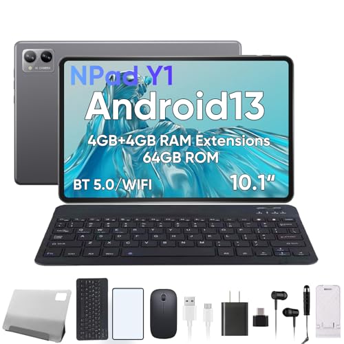 N-one Npad Y1 Tablet Baratas y Buenas, Tablet 10.1 Pulgadas Tablet Android 13 8GB RAM+ 64GB ROM(1TB TF), 5MP Cámara/5G+2.4G WiFi/5000mAh with Keyboard Mouse Protective Case Film