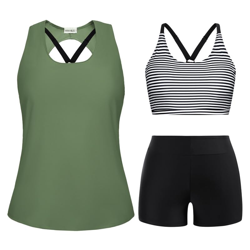 Hanna Nikole Tankini Damen Sportlich Große Größen Dreiteilig Tank Aushöhlen Oberteil mit Boyshorts Push Up Badeanzug Damen Swimsuit