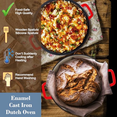 HaSteeL 2 in 1 Enameled Cast Iron Dutch Oven, 5 QT Pot & 2 Quart Skillet Lid Pan, Non-Stick Cookware Multi Cooker for Bread Baking Cooking Stewing, Suit for All Cooktops, Dual Handles & Oven Safe, Red - Thumbnail 6