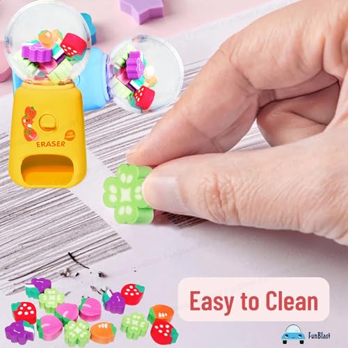Image of FunBlast Machine Eraser Set - 15 Pcs Fruit Shaped Eraser Dispenser Toy, Mini Kawaii Erasers for Kids, Fancy Erasers for School & Office, Stationery Supplies, Birthday Return Gift for Kids (Yellow)