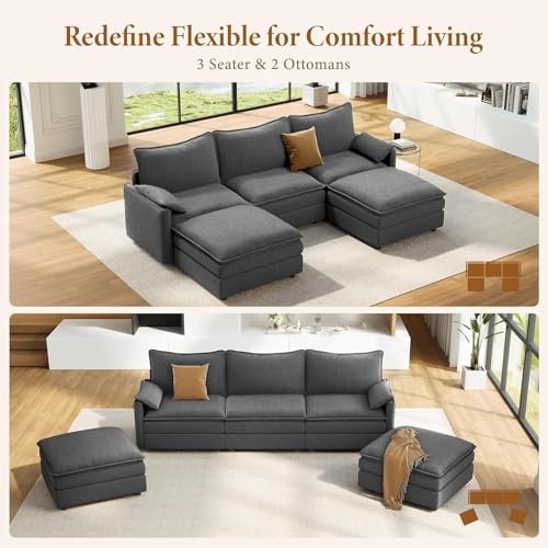 Image of Vesgantti 108 inch U Shaped Sectional Couch, Comfy Cloud Modular Sectional Sofa with 2 Ottoman Deep Seat Chenille Modern Cloud Sofa, Modular Sofas for Living Room, Bedroom and Apartment, Gray