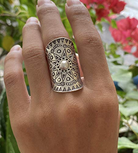 Handmade Sterling Silver Boho Wide Statement Ring With Oxidized Solar Star Mandala Pattern, Adjustable To Sizes 6-11, Gypsy Tribal Hippie Symbolic Sun Ring, Gift For Her #TOP1