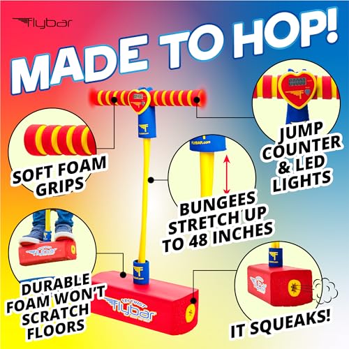 Image of Flybar My First Foam Pogo Jumper for Kids Fun and Safe Pogo Stick for Toddlers, Durable Foam and Bungee Jumper for Ages 3 and up, Supports up to 250lbs (Red LED), 5.51x4.92x10.43