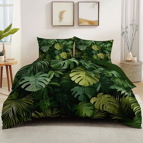 Double Tropical Duvet Cover Set 200 x 200 cm with Monstera, Palm & Fern Leaf Print Reversible Microfiber Bedding with 2 Pillowcases - Jungle-Inspired Bedroom Decor