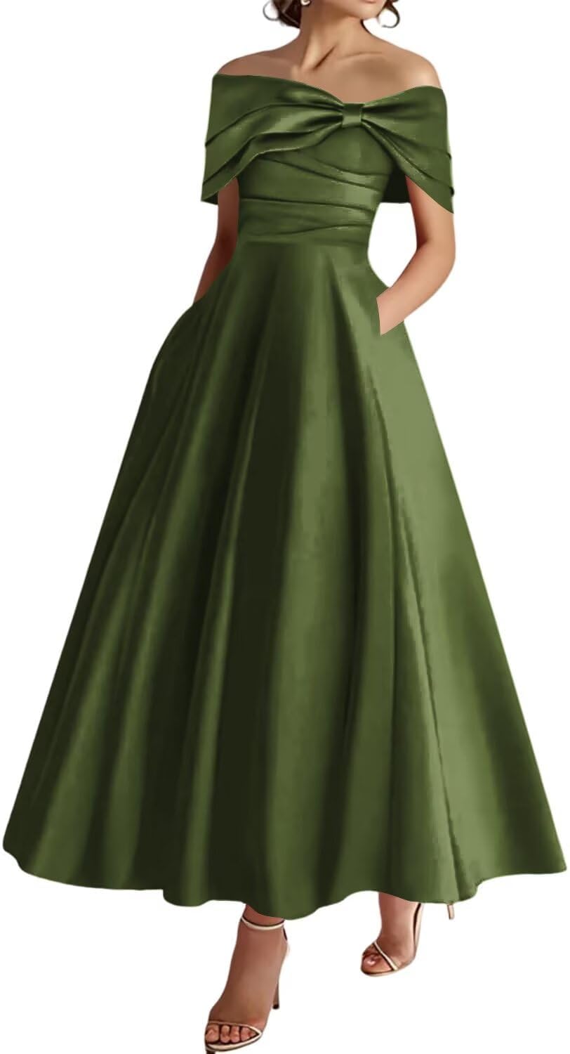 YIANN Tea Length Mother of The Bride Dresses for Women with Pockets Olive Green Satin Formal Dress Evening Gown UK20