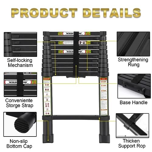 RIKADE 16.5FT Telescopic Ladder, Aluminum Telescoping Ladder with Non-Slip Feet, Portable Extension Ladder for Household and Outdoor Working, 330lb Capacity, Black by RIKADE - Image 3