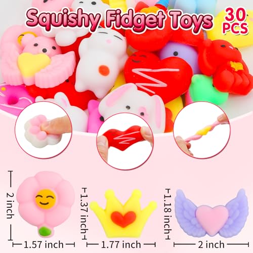 Valentines Day Gifts for Kids - 30 Pack Valentines Mochi Squishy Toys, Mini Kawaii Squishies Fidget Toys Prizes for Kids School Classroom Party Favors and Valentines Day Decor - 4