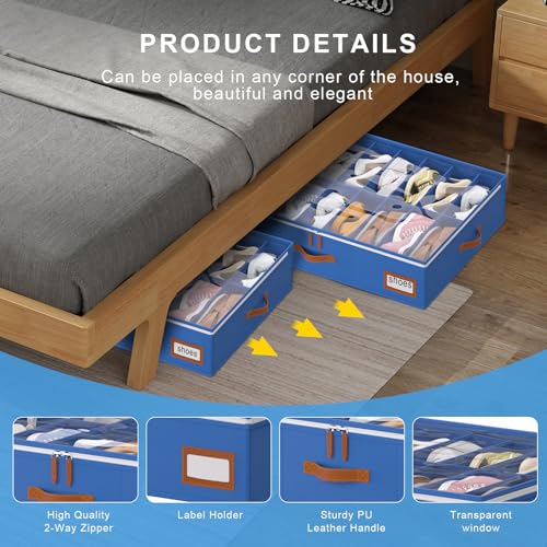 Image of homyfort Shoe Organizer Under Bed, Fits 32 Pairs, Under bed Shoe Storage Boxes with Study Handles and Clear Cover, zapateras organizer for shoes, set of 2