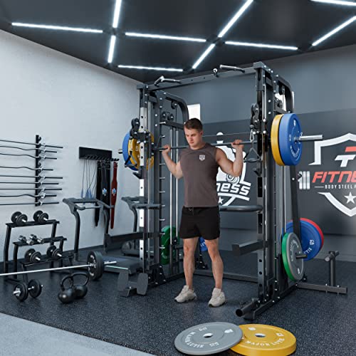 MAJOR LUTIE Fitness Smith Machine, SML09 All-in-One Home Gym Power Cage with Weight Bar and Two LAT Pull-Down Systems and Cable Crossover Machine, More Training Attachment