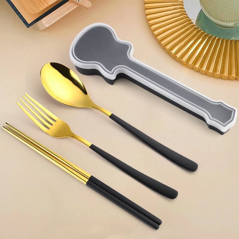 Premium Spoon Fork & Chopstick Set In Guitar Shape Box - Flatware Dinnerware Cutlery Tableware Set - Gold Plated 304 Stainless Steel (Black)