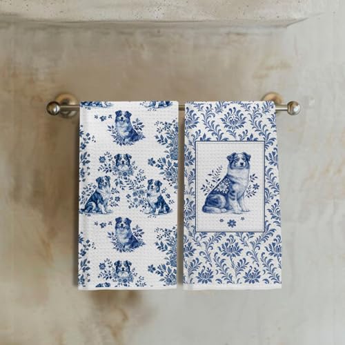 Image of Chinoiserie Australian Shepherd Kitchen & Hand Towels Set of 2, Blue and White Floral Dog Dish & Tea Towels for Kitchen Bathroom Decor, Vintage Toile Dog Lover Gifts for Women 16x24 Inch