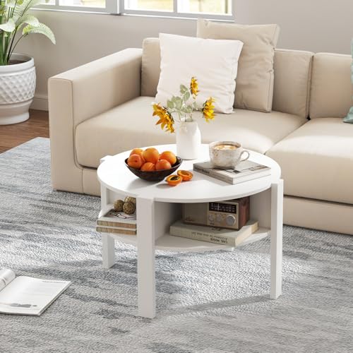 GOPLUS Table Basse Ronde à 2 Niveaux, Table de Salon avec Compartiment de Rangement Ouverts, Patins Antidérapants, Bout de Canapé de Style...